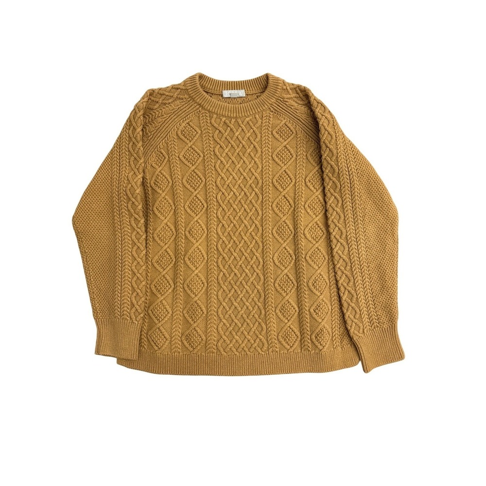 J.Crew Mens Large Cable Knit Sweater Mustard Yellow Gold Crew Neck Raglan L